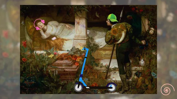 Sleeping Beauty by Edward Frederick Brewtnall. A romantic painting of a woman with long light hair in a white dress sleeping surrounded by flowers. A man is looking at her from a little distance. The woman has cartoonish pink headphones added, while the man has a green baseball cap and a scooter standing next to him.
