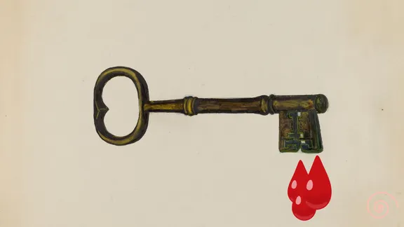 A painting of an oldschool big metal key by Edna C. Rex with drops of blood added.