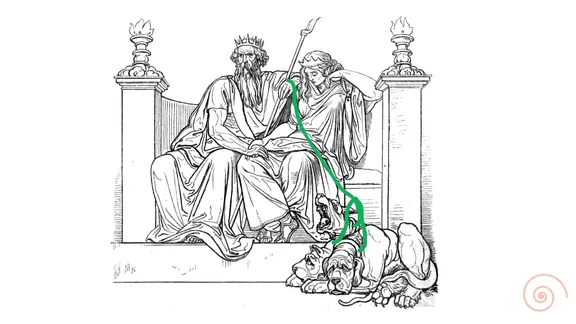 A Drawing called Hades and Persephone by Eduard Trewendt, 1864, showing a king and a queen in togas sitting on a throne, holding hands, with a 3-headed dog by their feet