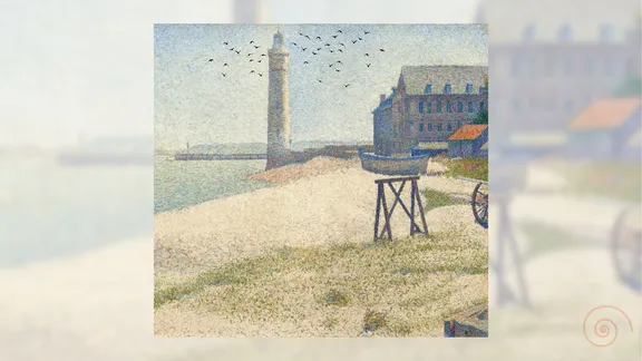 Georges Seurat -- The Lighthouse at Honfleur, 1886. A painting of a shore with a building and a lighthouse in the distance. Small specks in the sky as birds are added. 