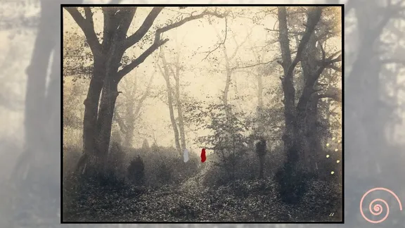 Eugène Cuvelier's Fontainebleau Forest, early 1860s, salted paper print from paper negative. Depicts a dark forest with a little path through it. A simple drawing of two silhouettes is added -- one distinct on the path and one identical in shape, but shadowy off the path.