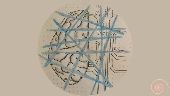 A drawing of a left hemisphere of the brain, with some circuitry next to it and lines slashing across both.