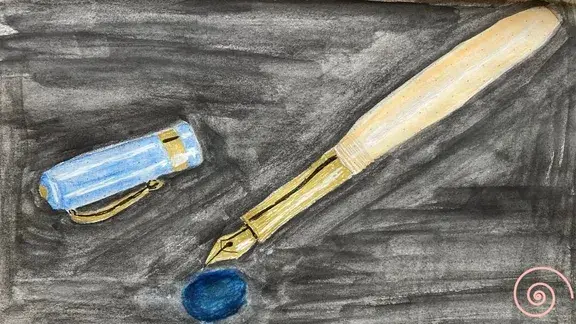 A painting of a fountain pen leaving an ink stain.