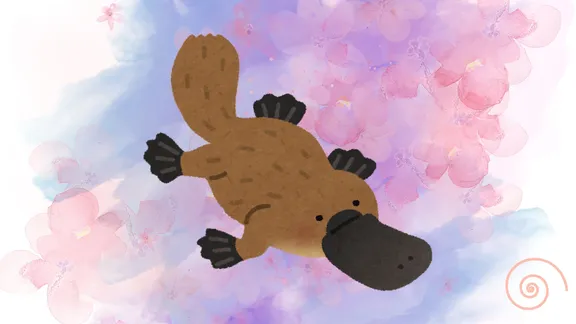 An AI generated watercolor image of a platypus in front of a laptop.