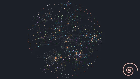 An image of a graph of a few hundred nodes of different colours connected with lines.