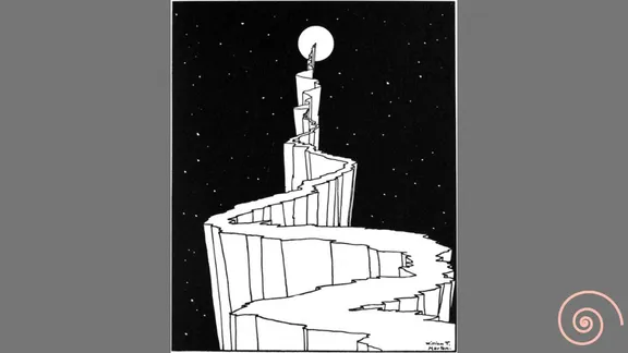 A drawing of a winding path up a sharp mountain that seems to end at the moon.