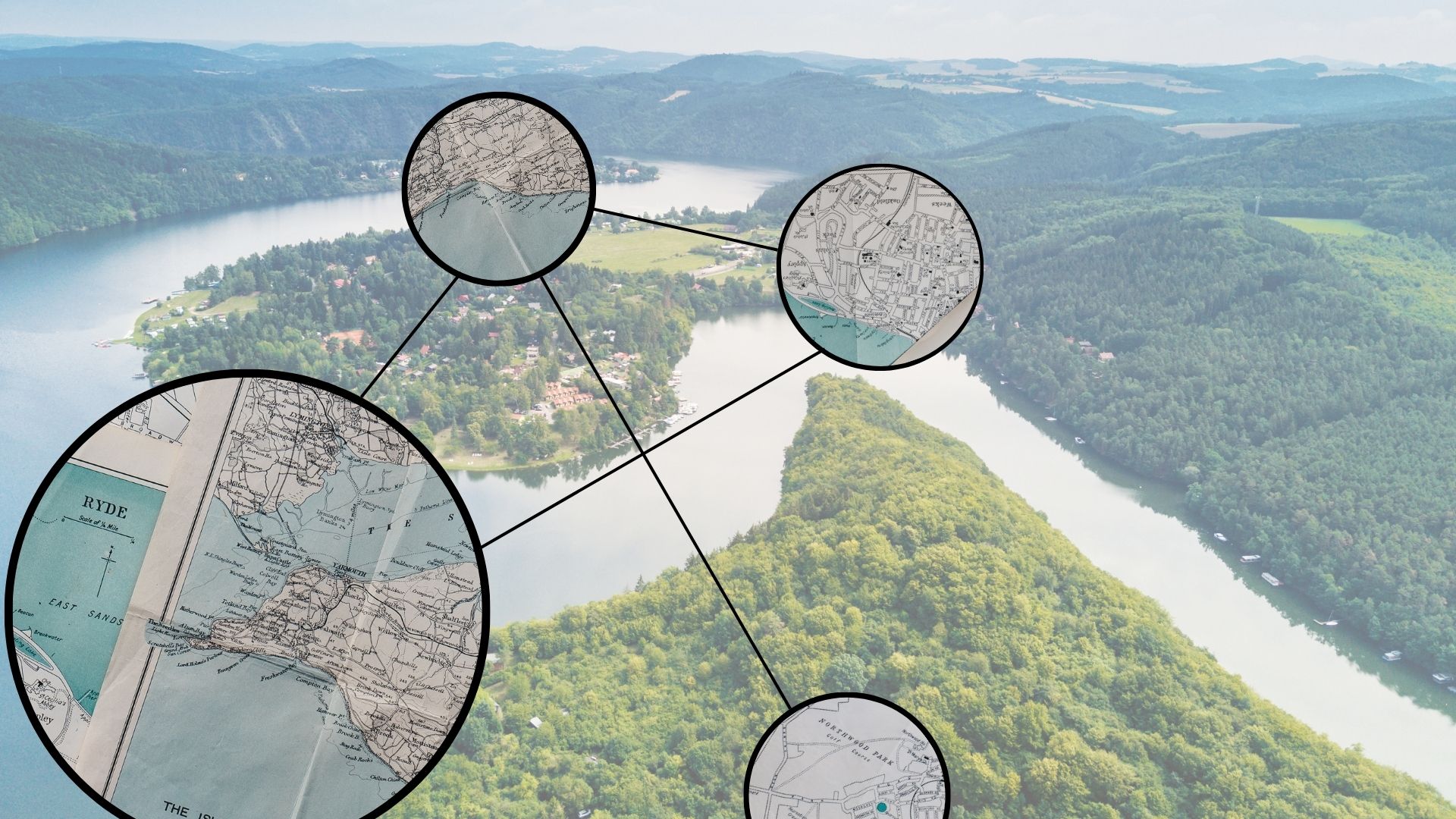 A photograph of a landscape fading in the background, overlayed by bits of a map connected with lines.