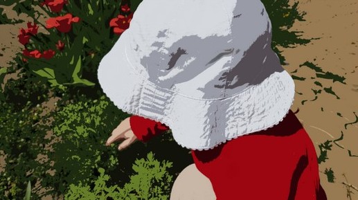 A picture of a small child with a white hat squatting by a flower bed